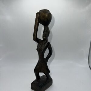 VTG Hand Carved Wood Woman Carrying Water Jug Statue Figurine Primitive‎ Tribal